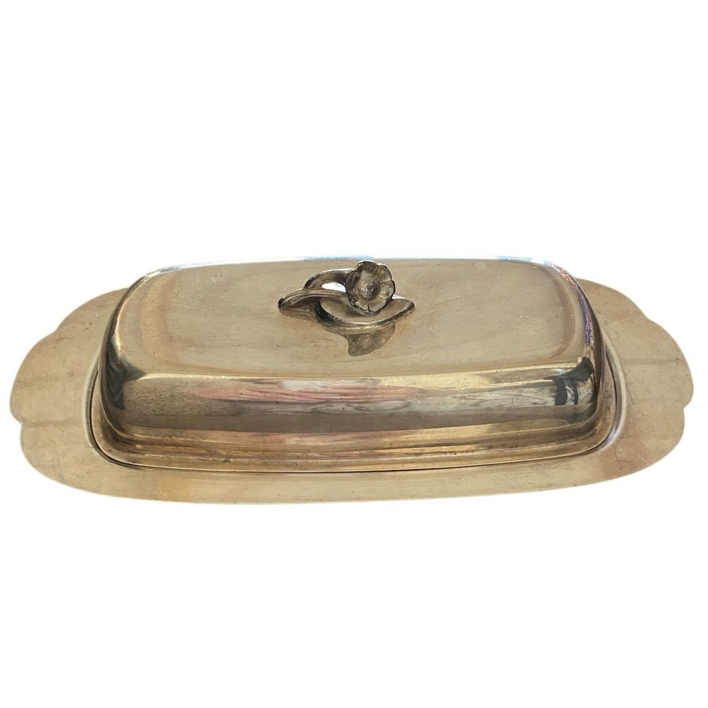 Vintage Oneida silver plated butter dish morning glory flower finial cottagecore